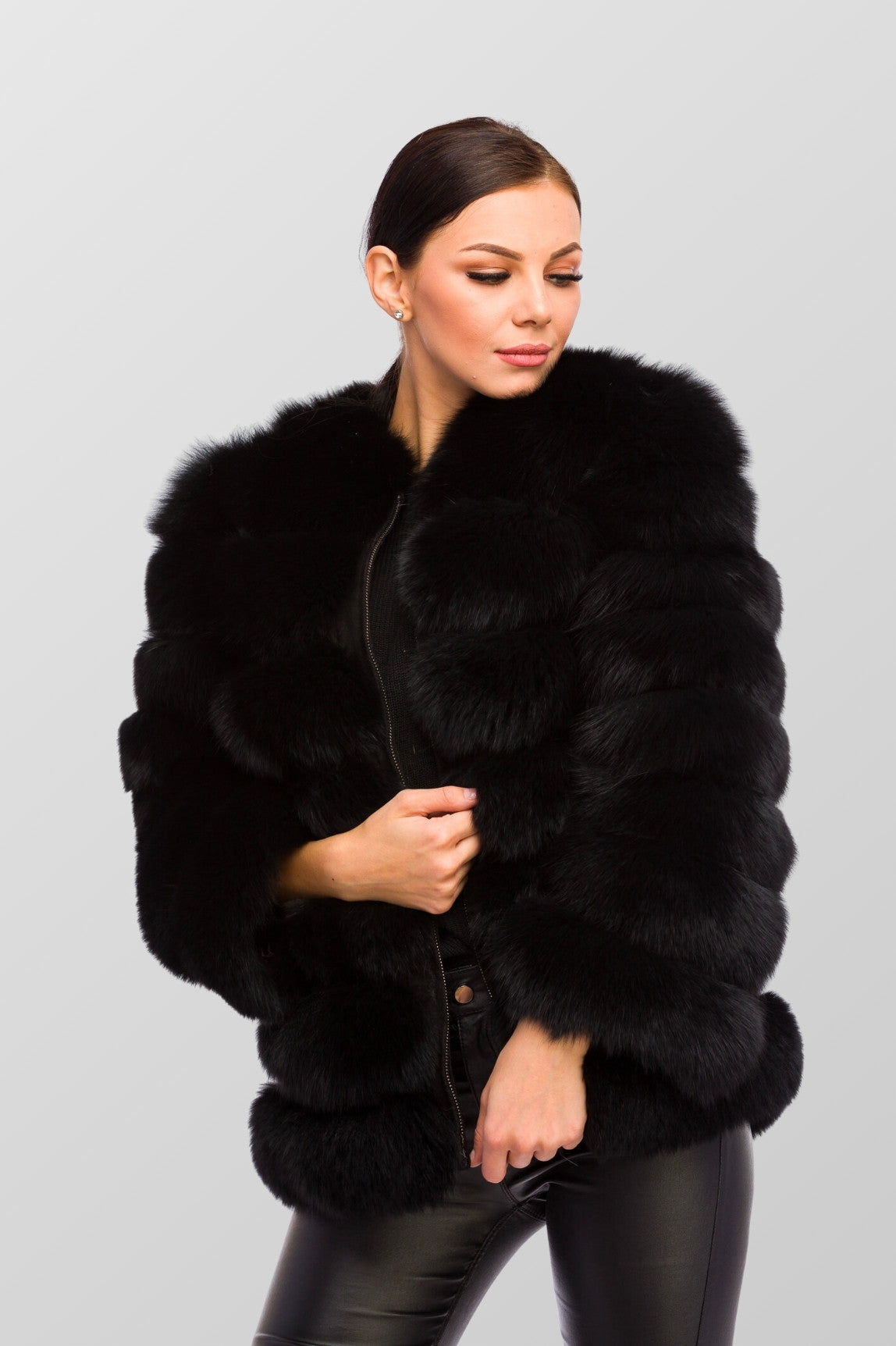 Natural Fox Fur Coat, 6 in 1 Convertible, Women, Obsidian 250