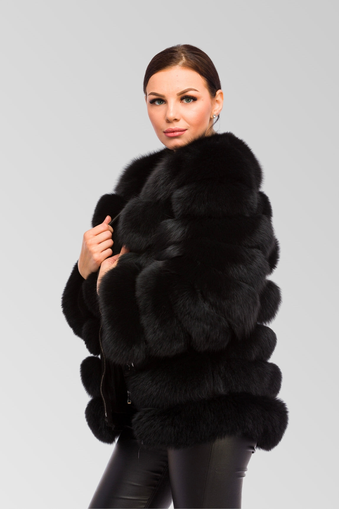 Natural Fox Fur Coat, 6 in 1 Convertible, Women, Obsidian 250