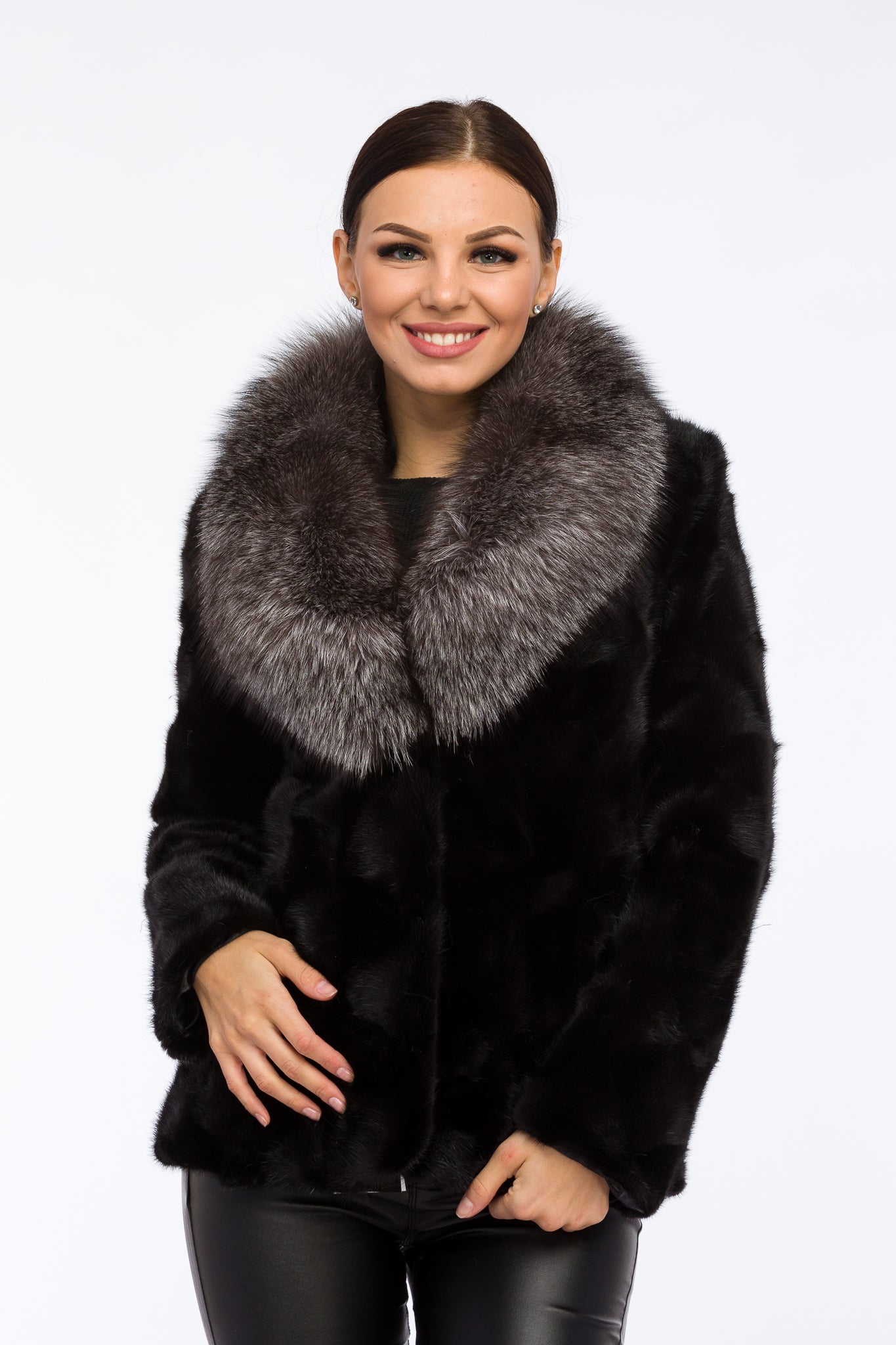 Women's Natural Mink Fur Coat with Fox Collar, Obsidian and Grey Frost 162