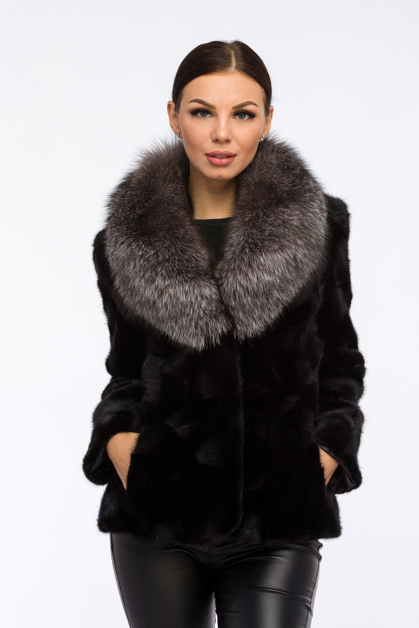 Women's Natural Mink Fur Coat with Fox Collar, Obsidian and Grey Frost 162