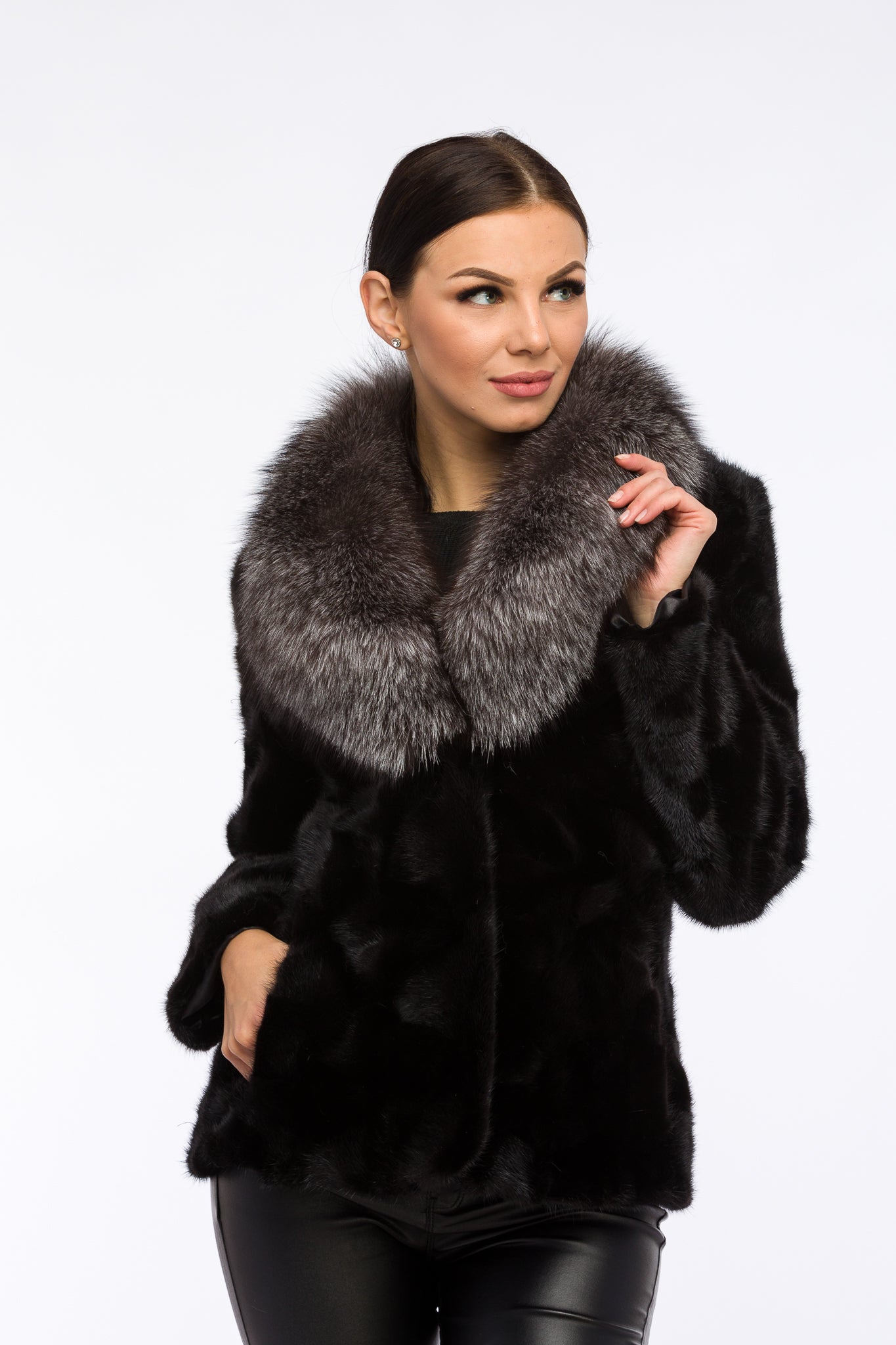 Women's Natural Mink Fur Coat with Fox Collar, Obsidian and Grey Frost 162