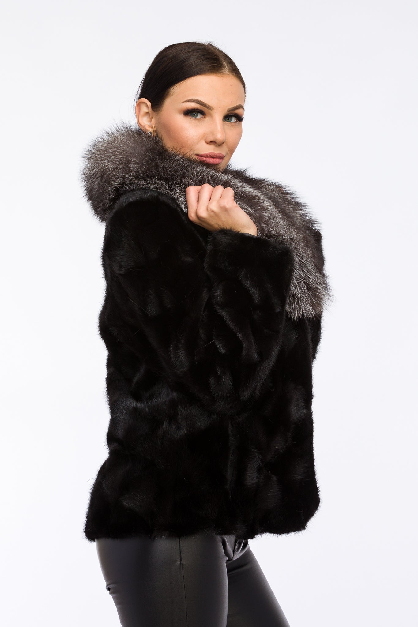 Women's Natural Mink Fur Coat with Fox Collar, Obsidian and Grey Frost 162