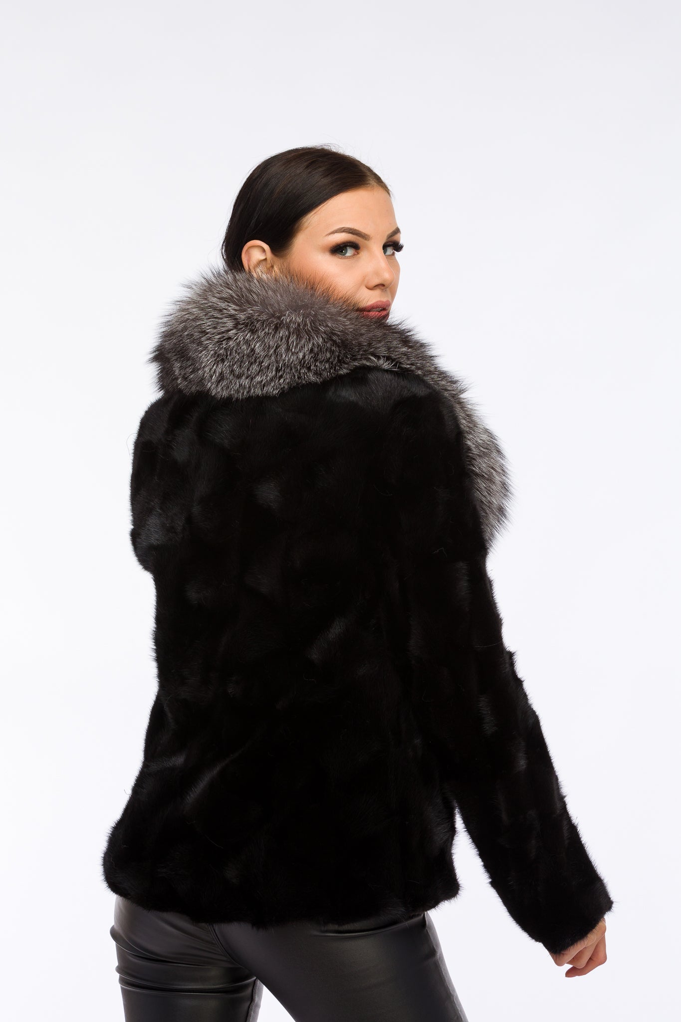 Women's Natural Mink Fur Coat with Fox Collar, Obsidian and Grey Frost 162