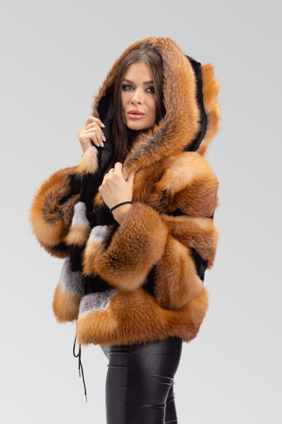 Natural Canadian Fox Fur Coat, with Hood, Brown Frost 243