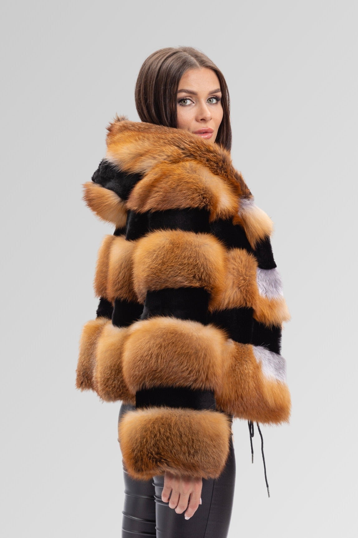 Natural Canadian Fox Fur Coat, with Hood, Brown Frost 243
