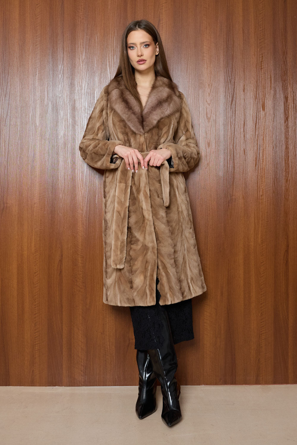 haina blana vizon lunga, cu rever si cordon, maro, Mareus