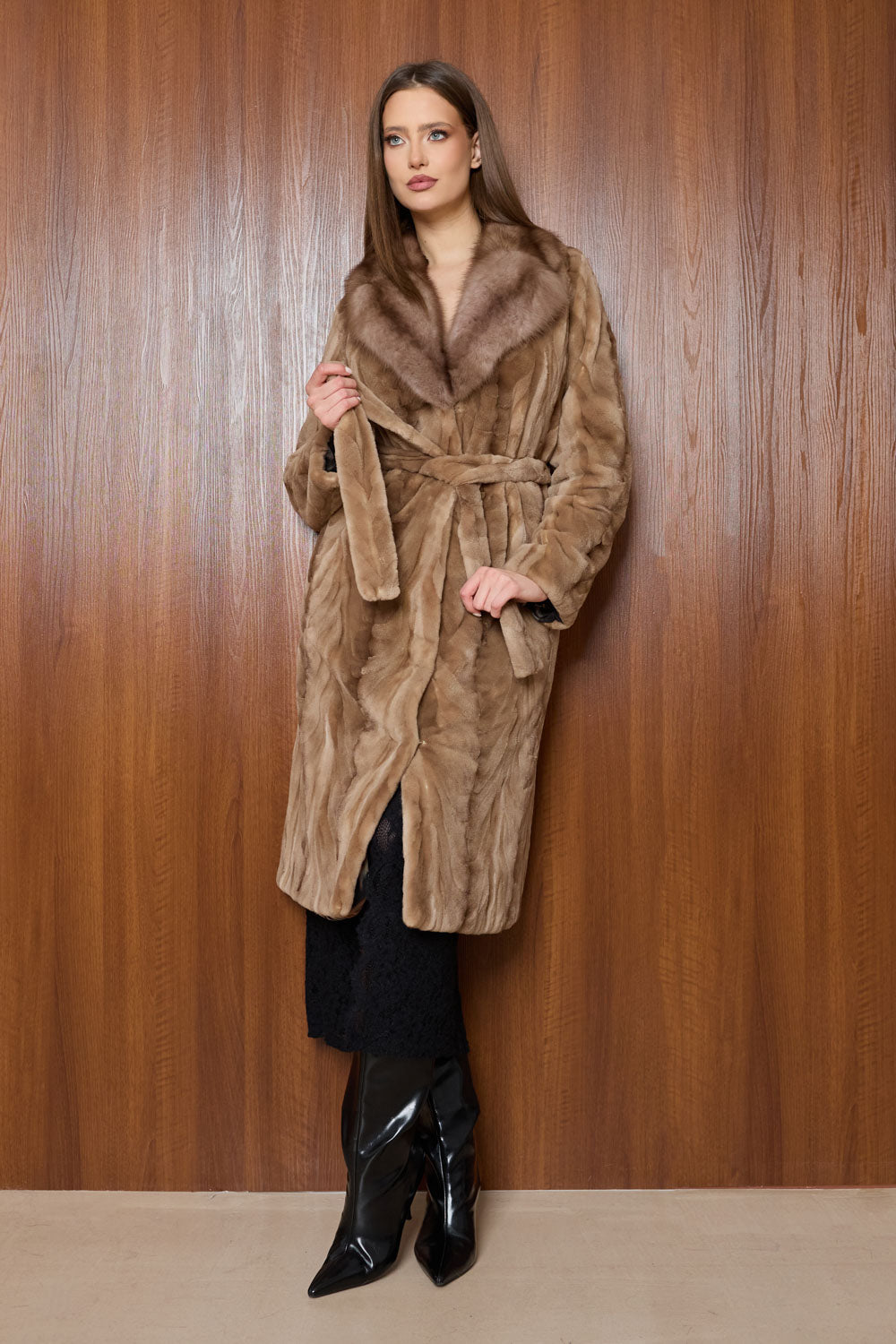 haina blana vizon lunga, cu rever si cordon, maro, Mareus