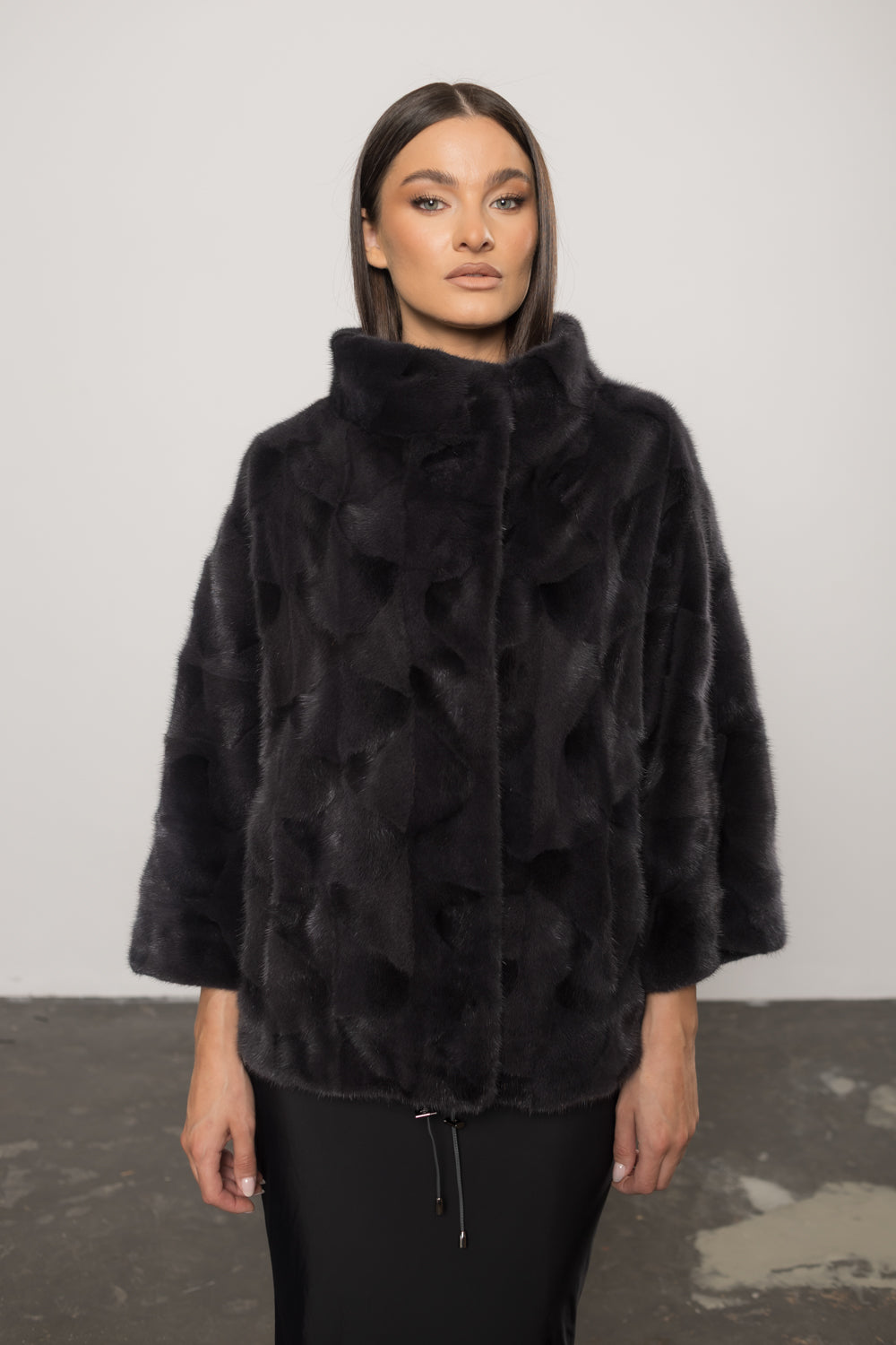 Natural Mink Fur Coat, 3/4 Sleeves, Women, Blue Eclipse 399