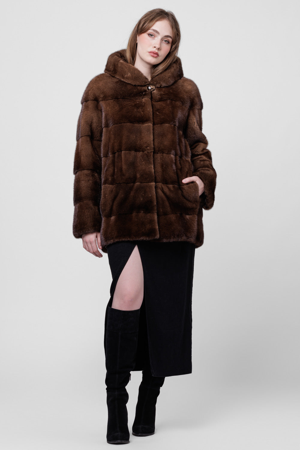 Women's Natural Mink Fur Coat with Hood, Chocolate 200