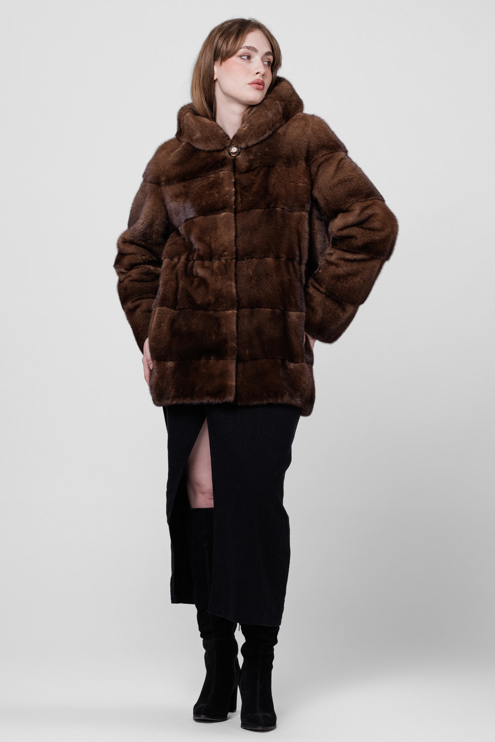 Women's Natural Mink Fur Coat with Hood, Chocolate 200
