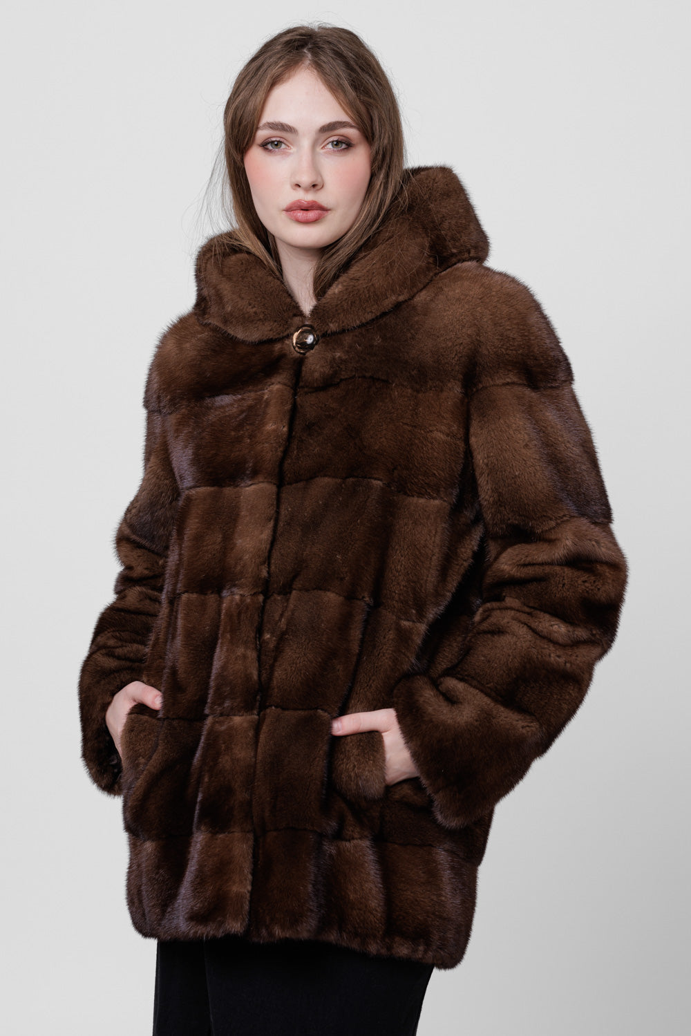 Women's Natural Mink Fur Coat with Hood, Chocolate 200