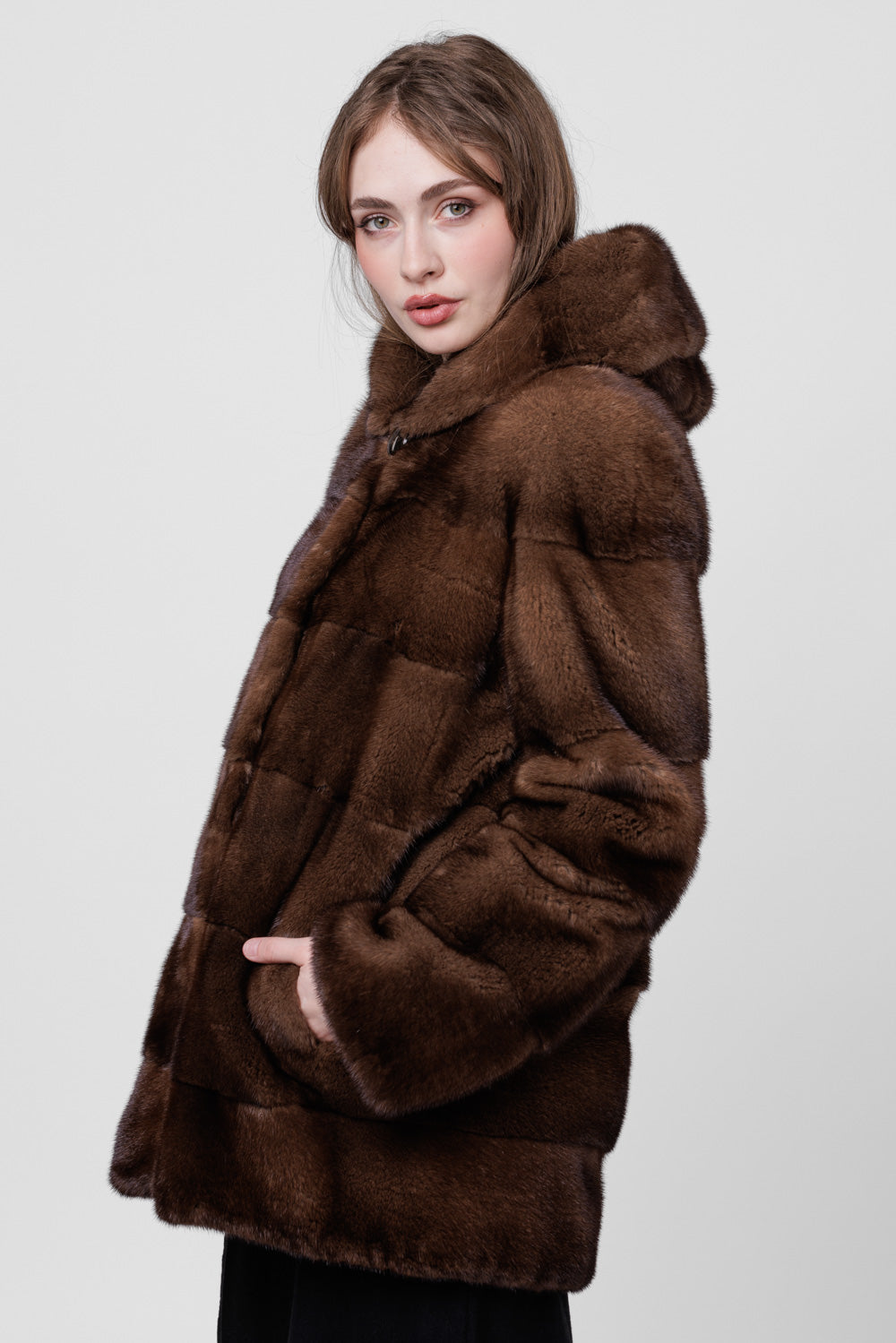 Women's Natural Mink Fur Coat with Hood, Chocolate 200
