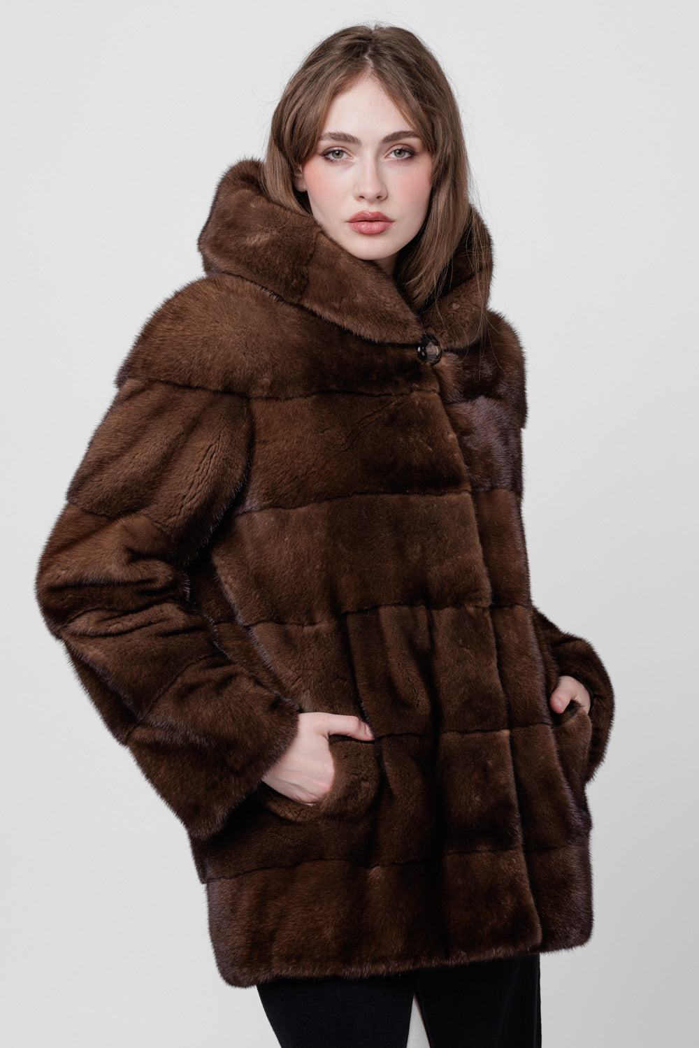 Women's Natural Mink Fur Coat with Hood, Chocolate 200