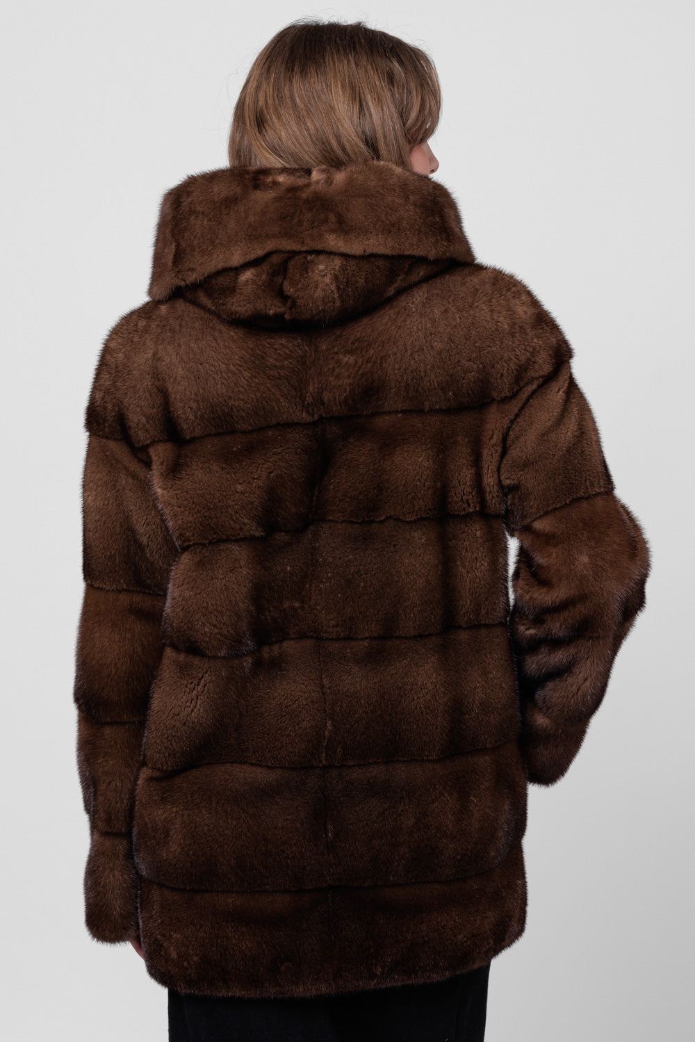 Women's Natural Mink Fur Coat with Hood, Chocolate 200