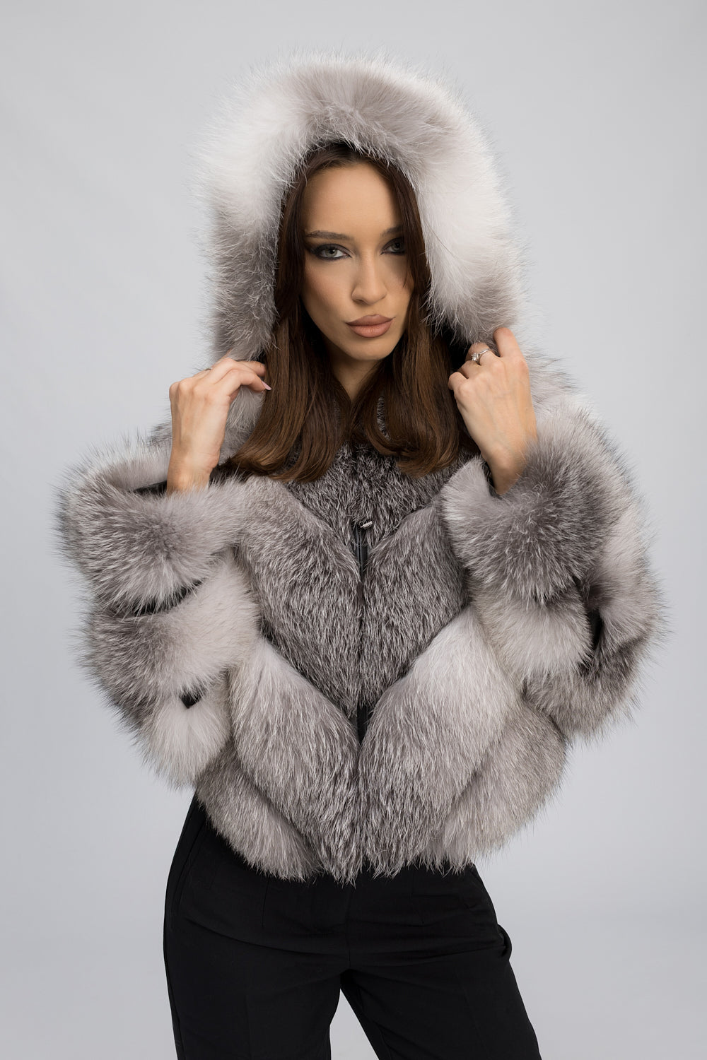 Natural Silver Fox Fur Coat, Convertible, V Model, with Detachable Hoo