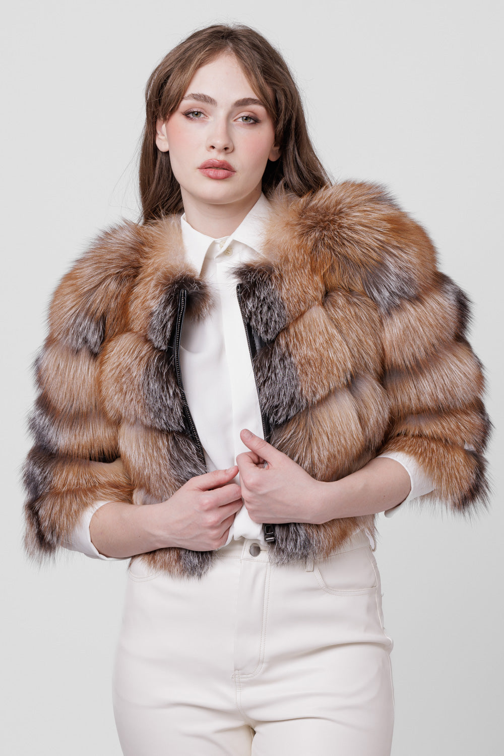 Natural Polar Fox Fur Coat, Short, Women, Brown Frost 246