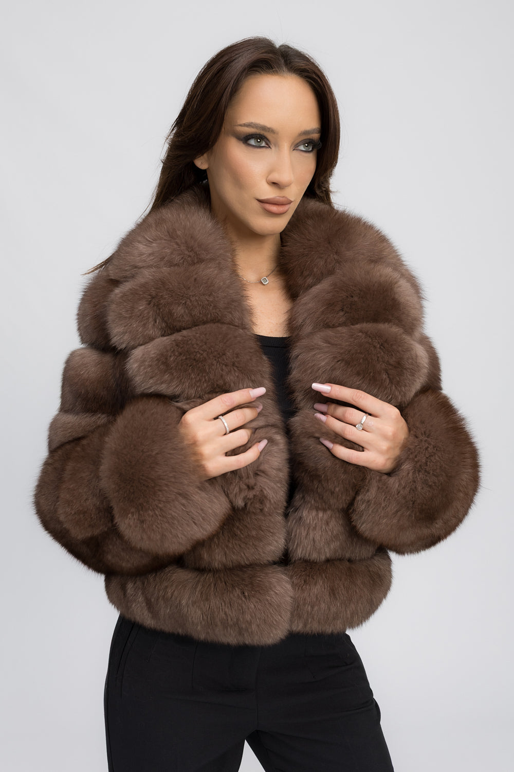 Haină din Blană Naturală de Vulpe Polară, cu Guler Rever, Femei, Mocha Glaze 468