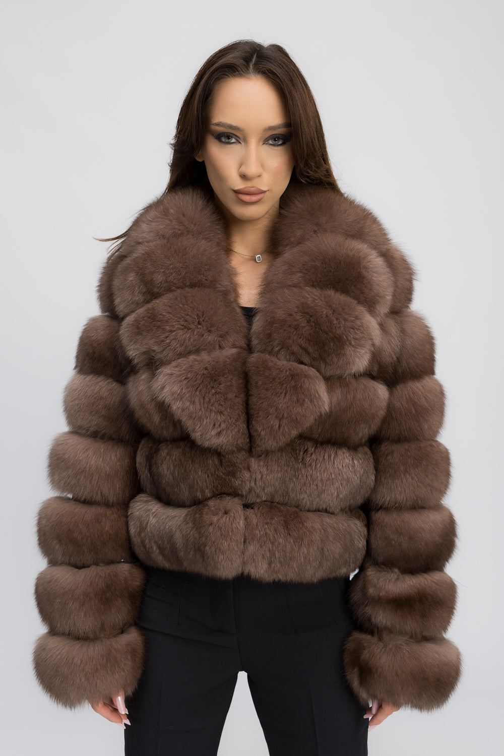 Haină din Blană Naturală de Vulpe Polară, cu Guler Rever, Femei, Mocha Glaze 468