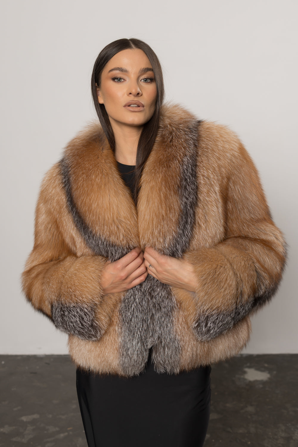 Haină din Blană Naturală de Vulpe, cu Guler Rever, Femei, Canadian Brown 403