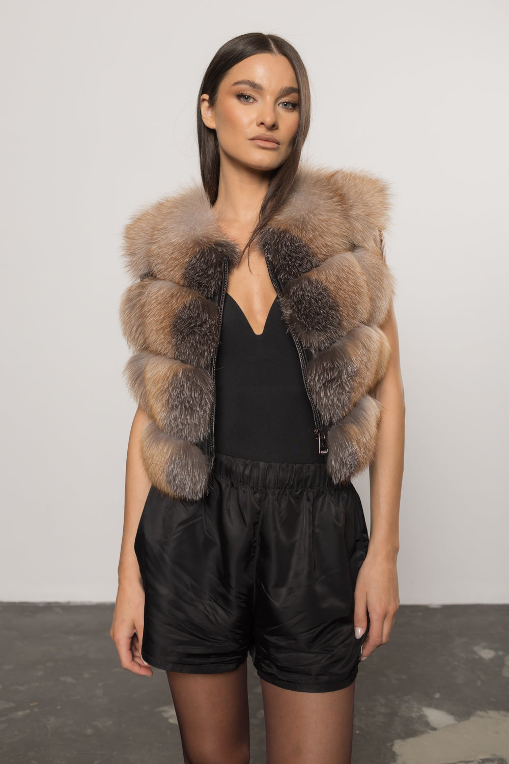 Women's Natural Fox Fur and Leather Coat, Brown Frost 249