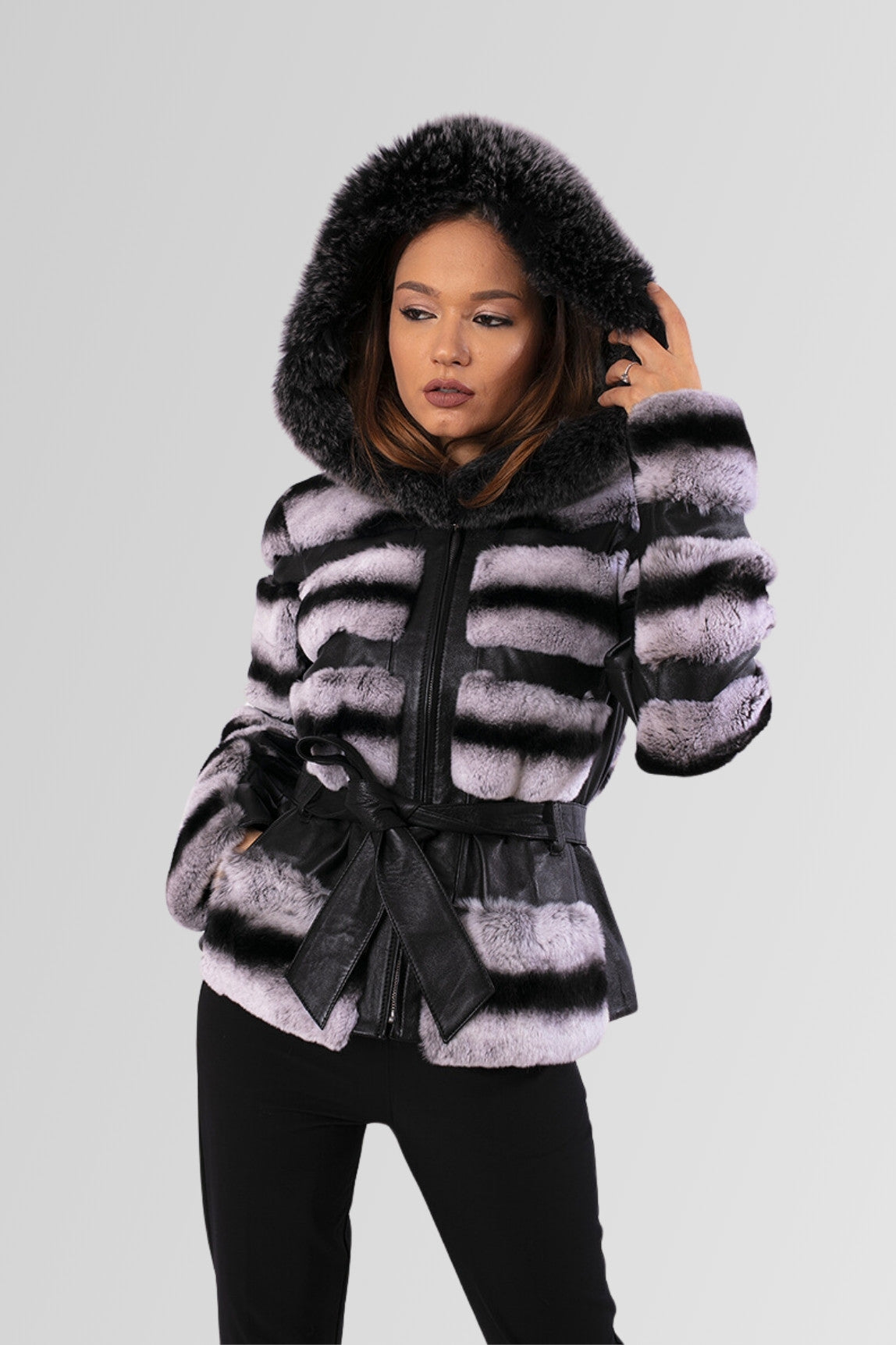 Women's Natural Rex Chinchilla Fur Coat with Hood and Drawstring, Grey Frost 173