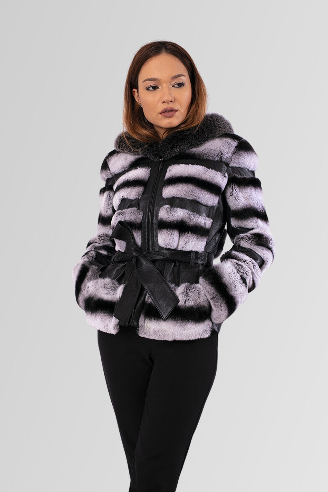 Women's Natural Rex Chinchilla Fur Coat with Hood and Drawstring, Grey Frost 173