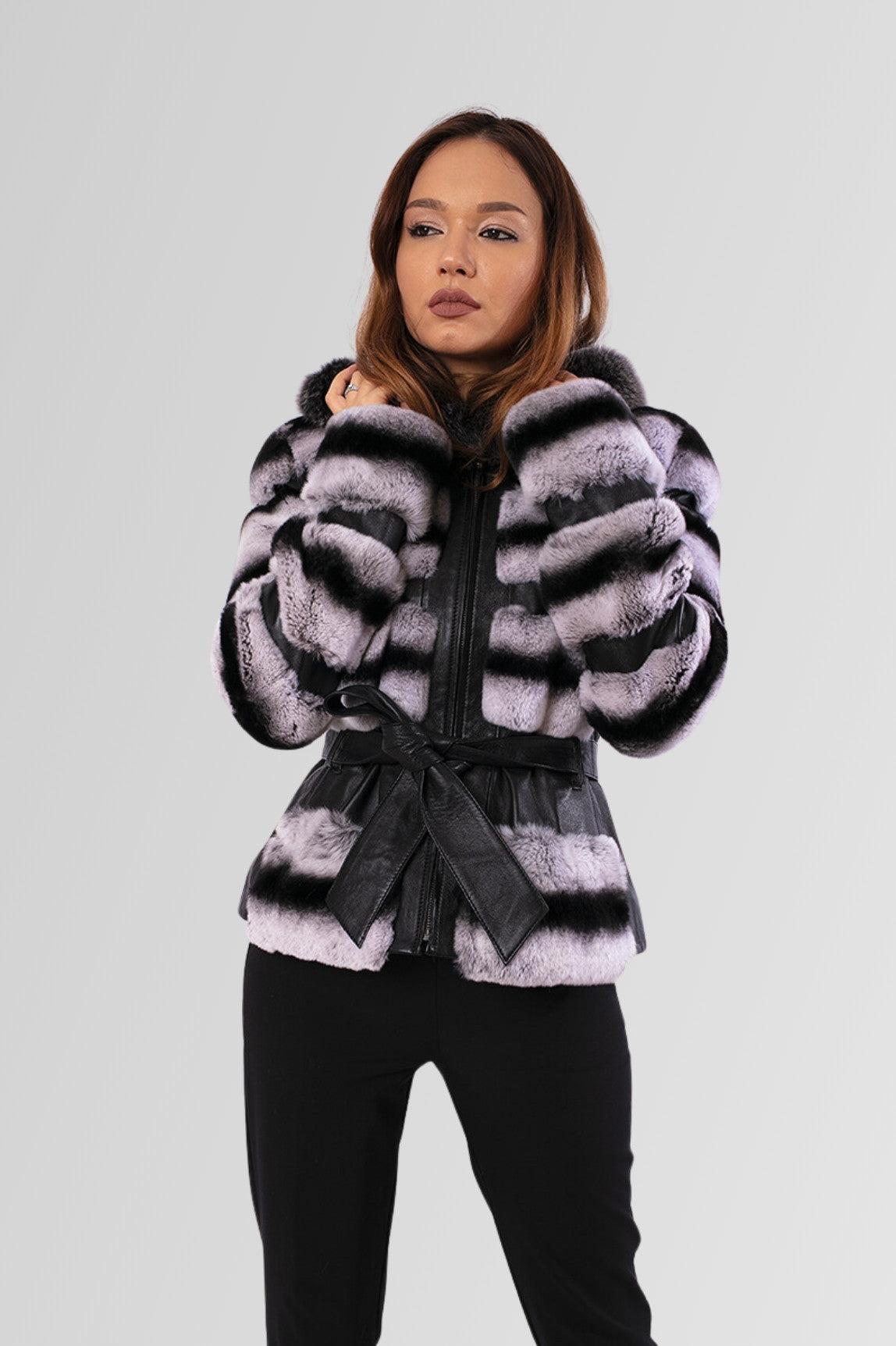 Women's Natural Rex Chinchilla Fur Coat with Hood and Drawstring, Grey Frost 173