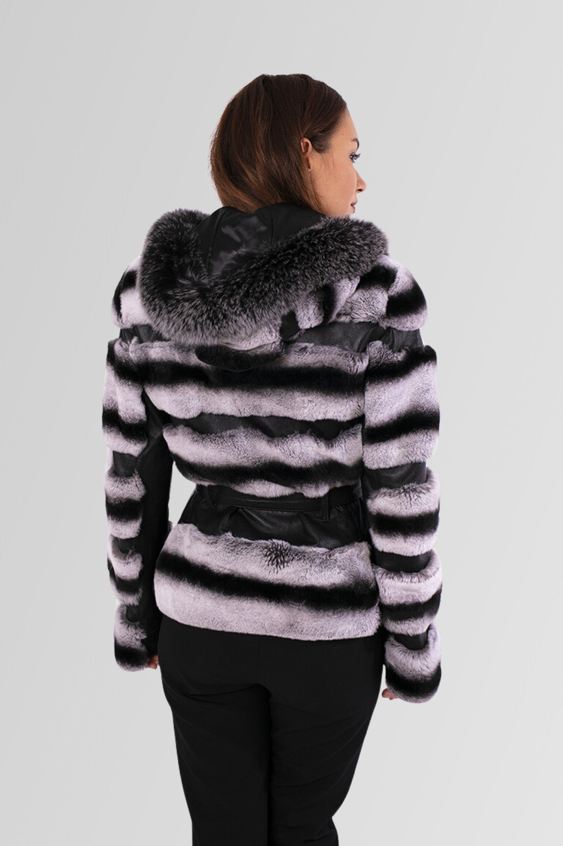 Women's Natural Rex Chinchilla Fur Coat with Hood and Drawstring, Grey Frost 173