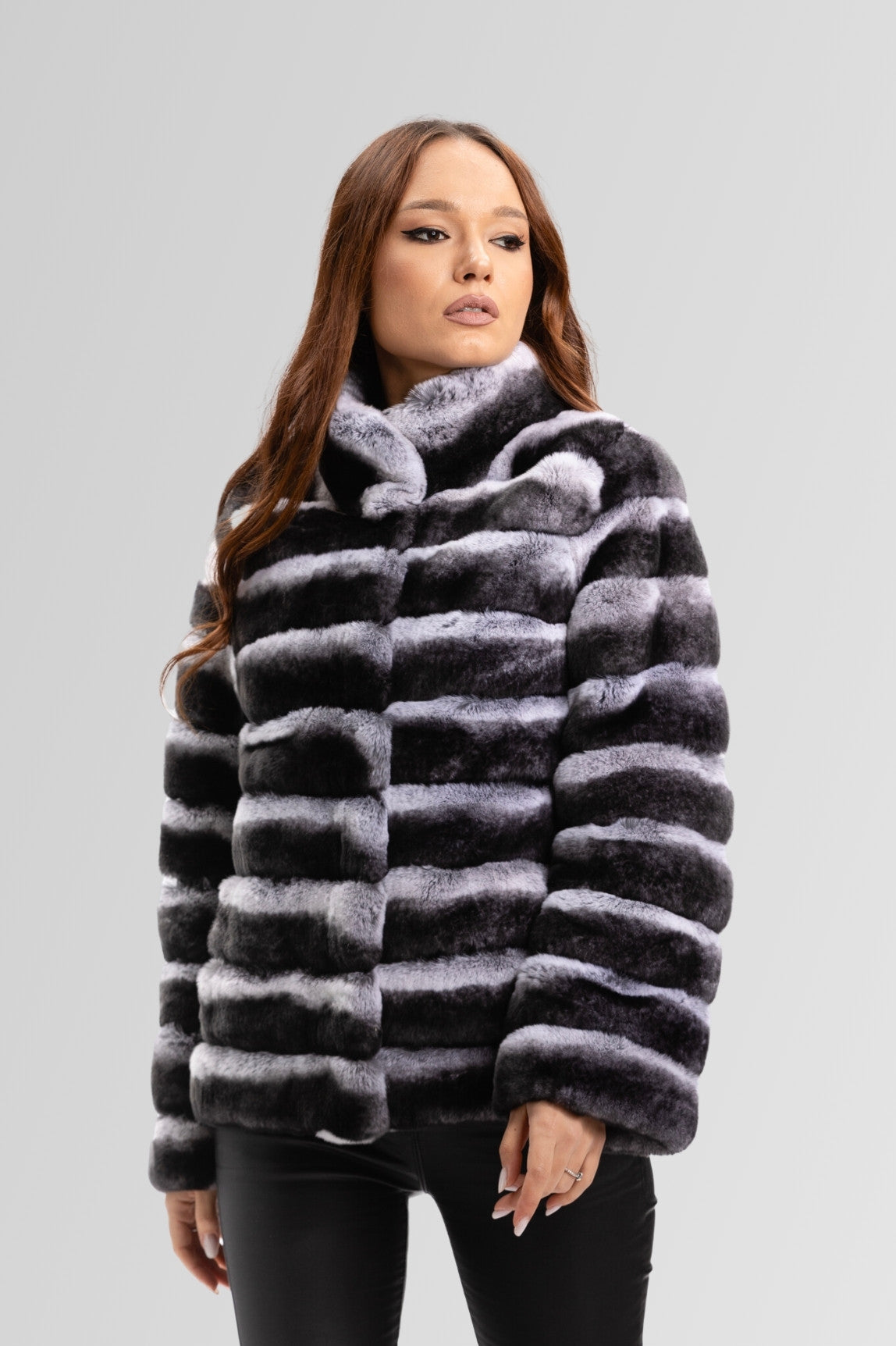Natural Rex Chinchilla Fur Coat, Tunic Collar, Women, Silver Grey 180