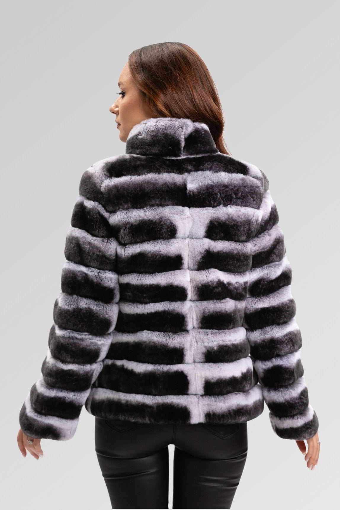Natural Rex Chinchilla Fur Coat, Tunic Collar, Women, Silver Grey 180