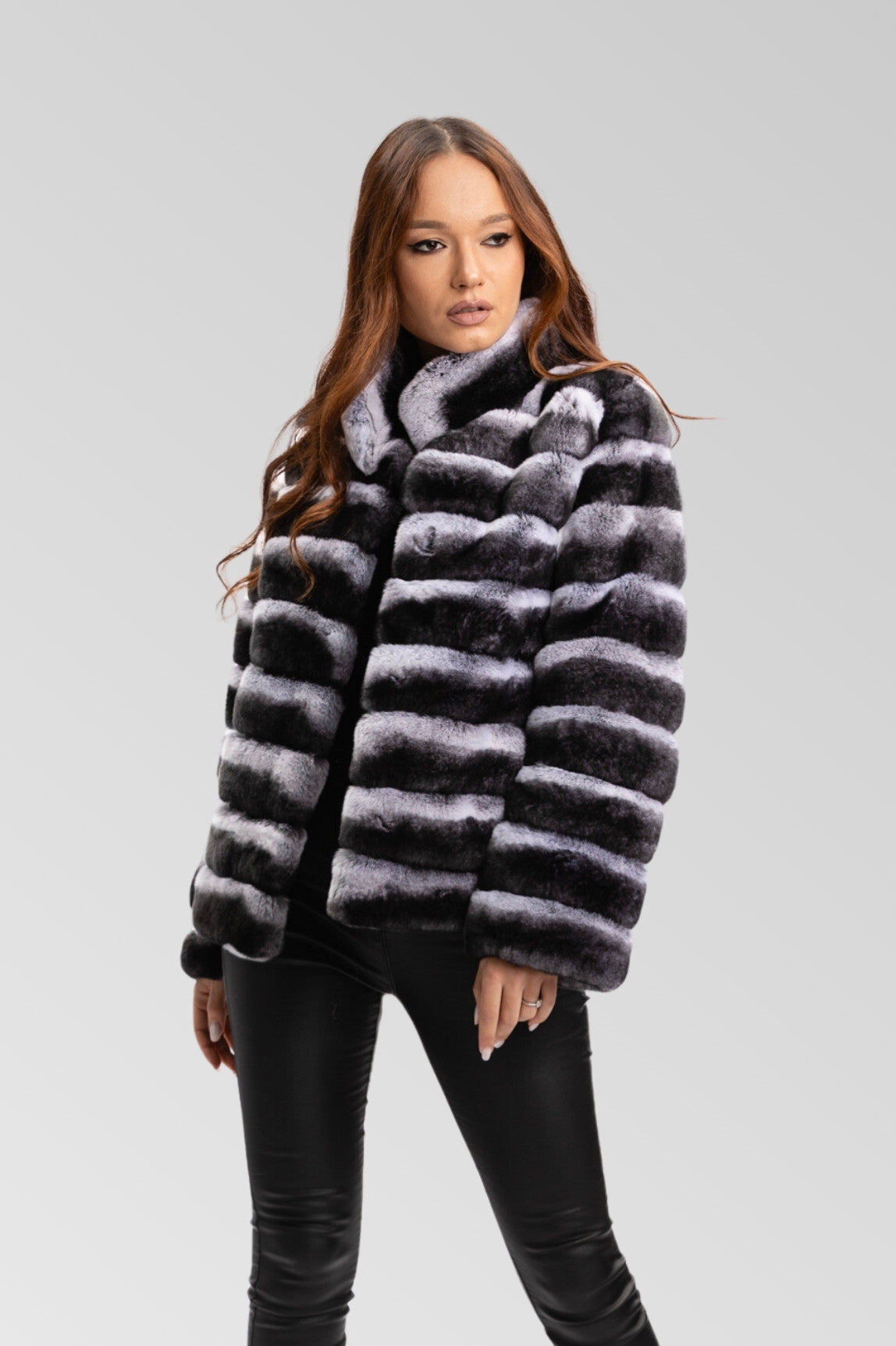 Natural Rex Chinchilla Fur Coat, Tunic Collar, Women, Silver Grey 180