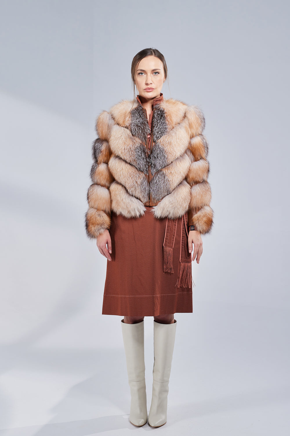 Natural Fox Fur Coat, V Model, Convertible, Women, Brown Frost 275
