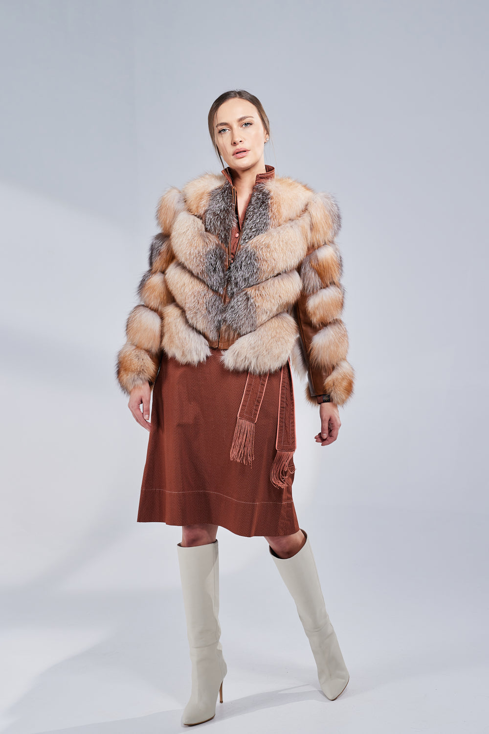 Natural Fox Fur Coat, V Model, Convertible, Women, Brown Frost 275