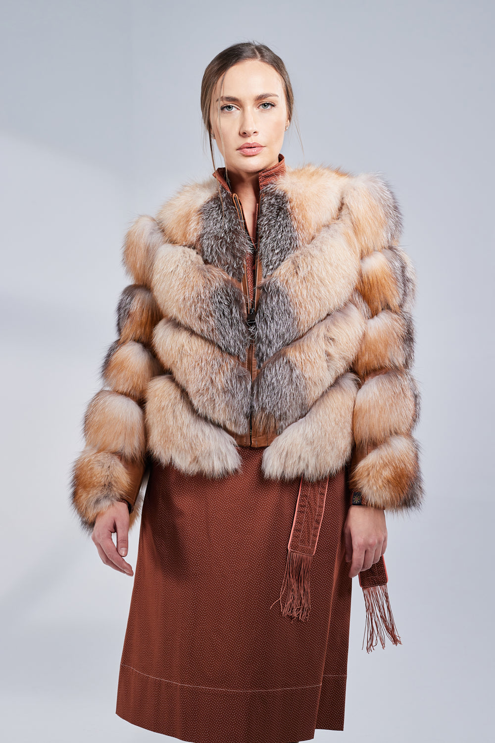Natural Fox Fur Coat, V Model, Convertible, Women, Brown Frost 275