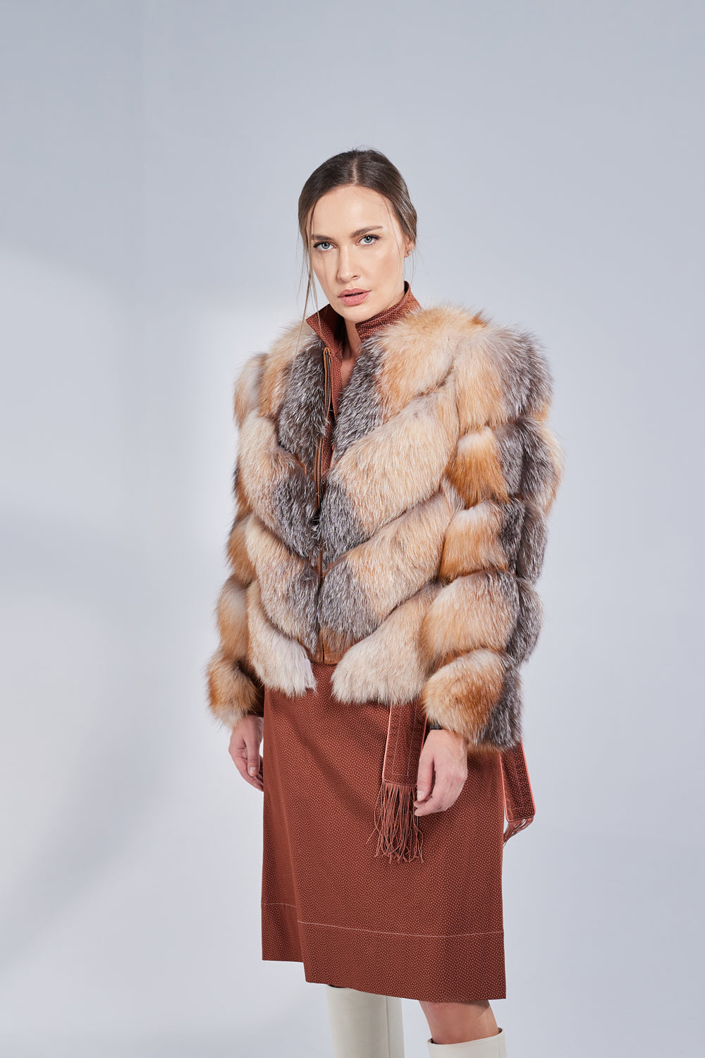 Natural Fox Fur Coat, V Model, Convertible, Women, Brown Frost 275