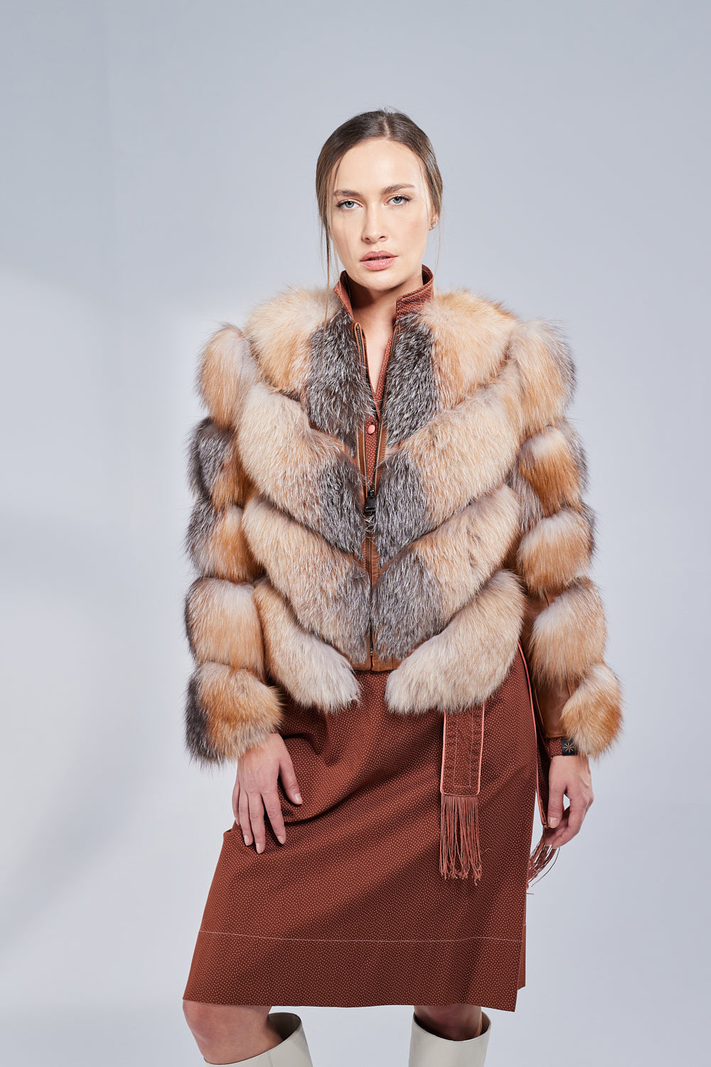 Natural Fox Fur Coat, V Model, Convertible, Women, Brown Frost 275