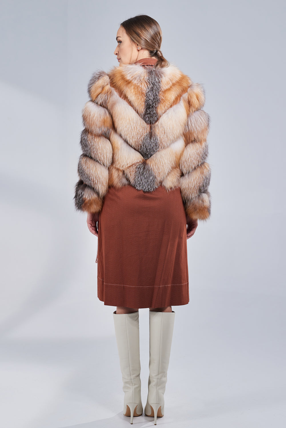 Natural Fox Fur Coat, V Model, Convertible, Women, Brown Frost 275
