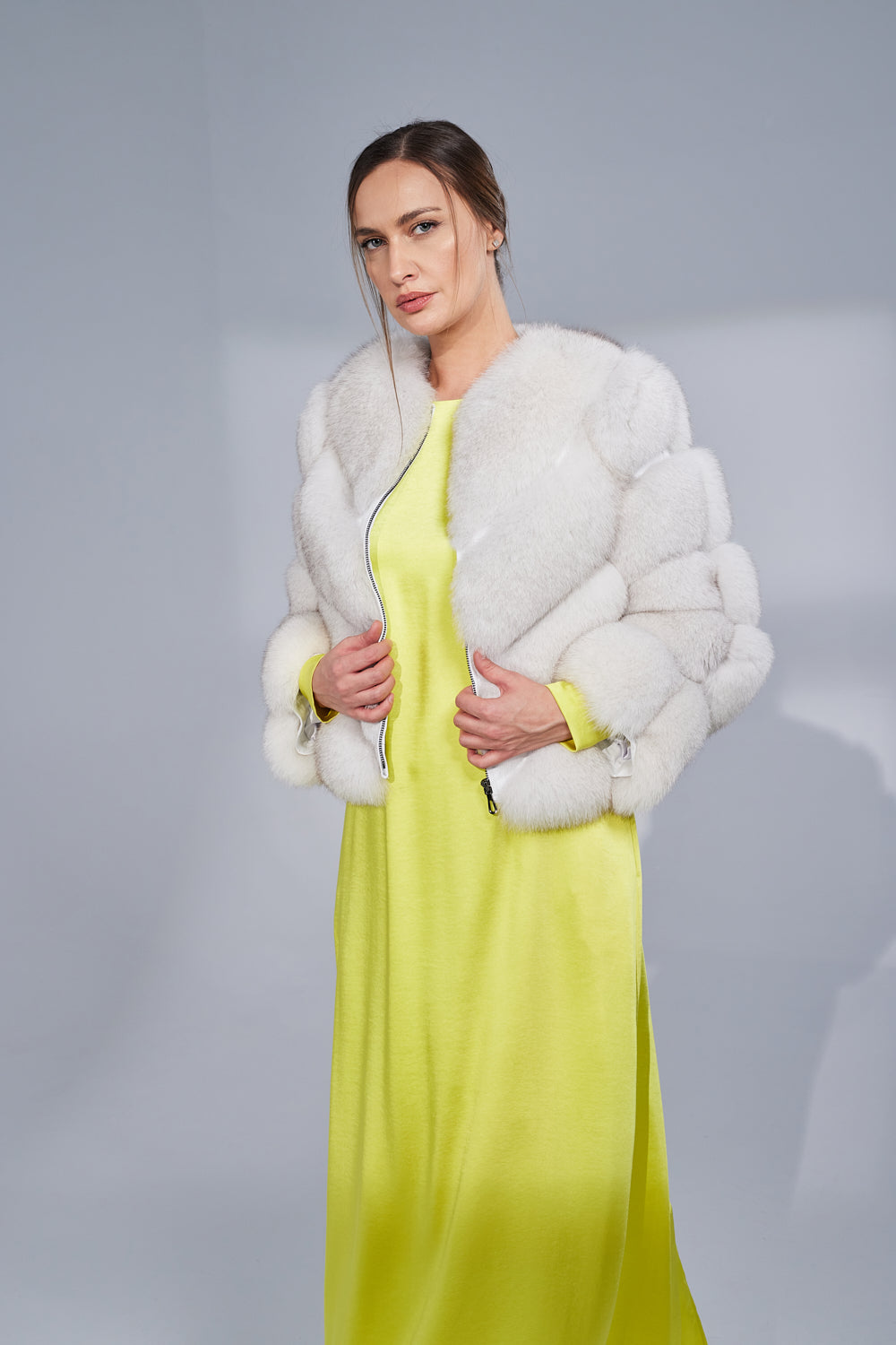 Haină din Blană Naturală de Vulpe, V Model, Transformabiă, Femei, Natural White 274