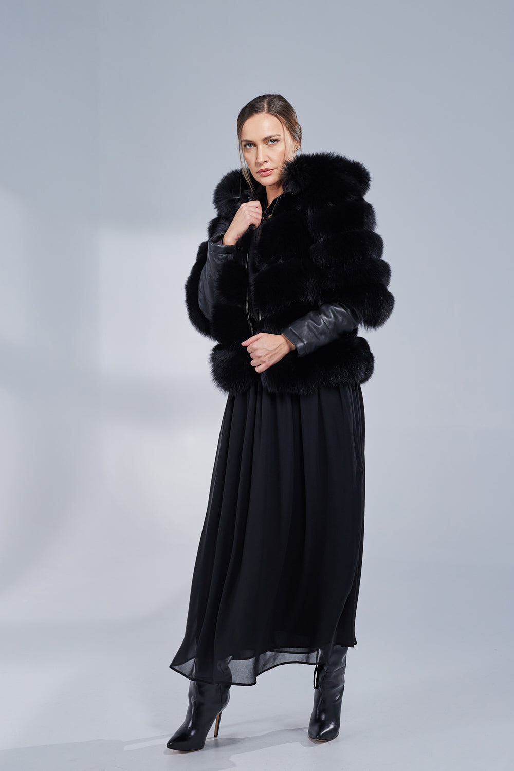 Natural Fox Fur Coat, with Hood and Leather Sleeves, Obsidian 251