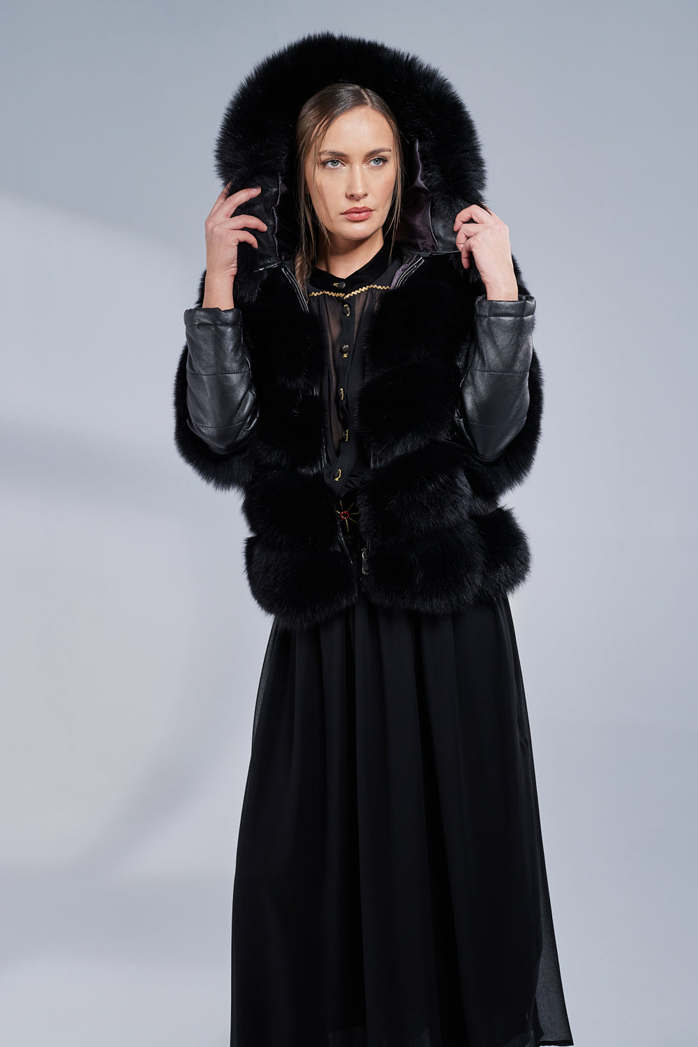 Natural Fox Fur Coat, with Hood and Leather Sleeves, Obsidian 251