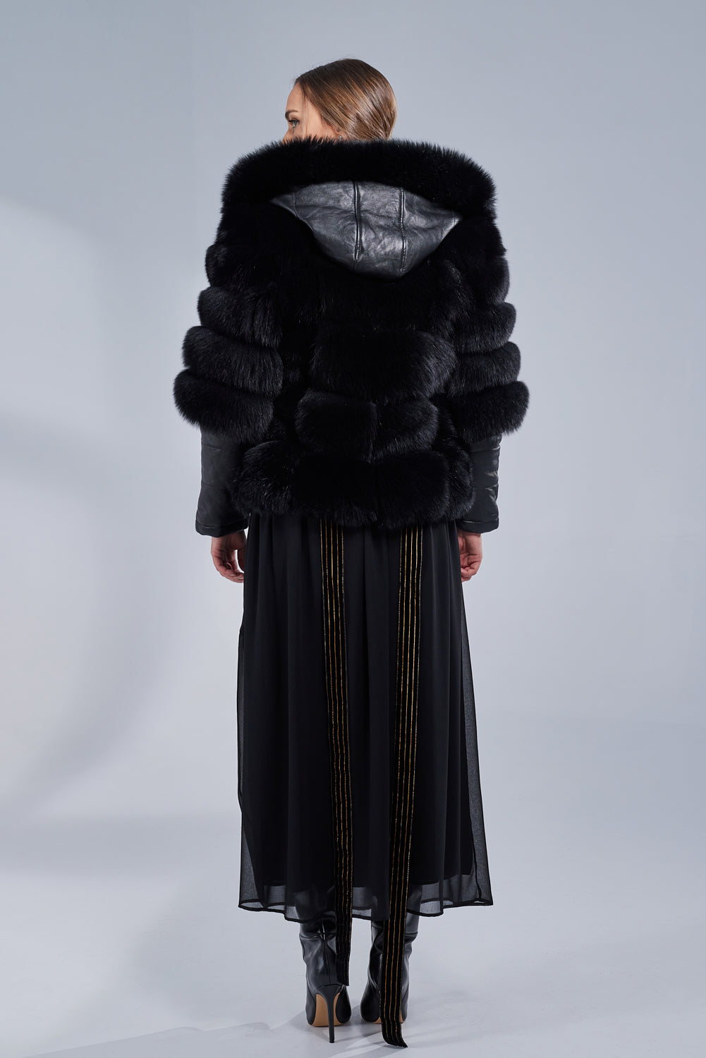 Natural Fox Fur Coat, with Hood and Leather Sleeves, Obsidian 251