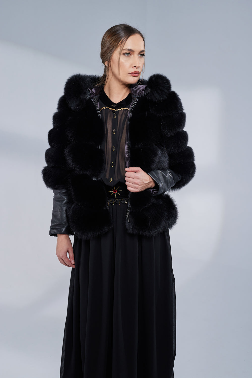 Natural Fox Fur Coat, with Hood and Leather Sleeves, Obsidian 251