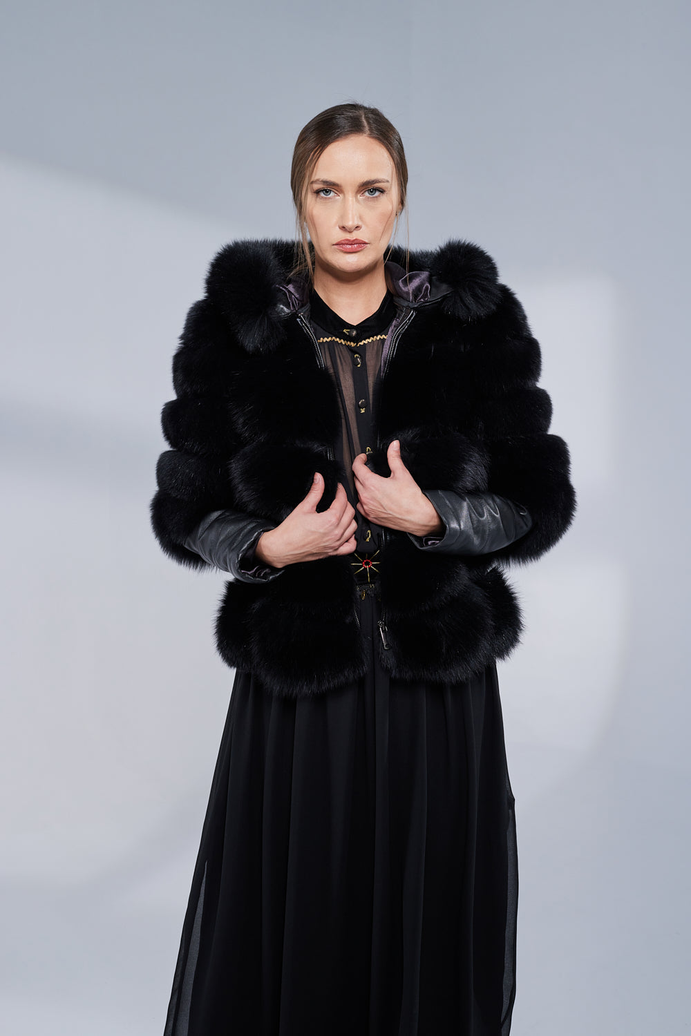 Natural Fox Fur Coat, with Hood and Leather Sleeves, Obsidian 251