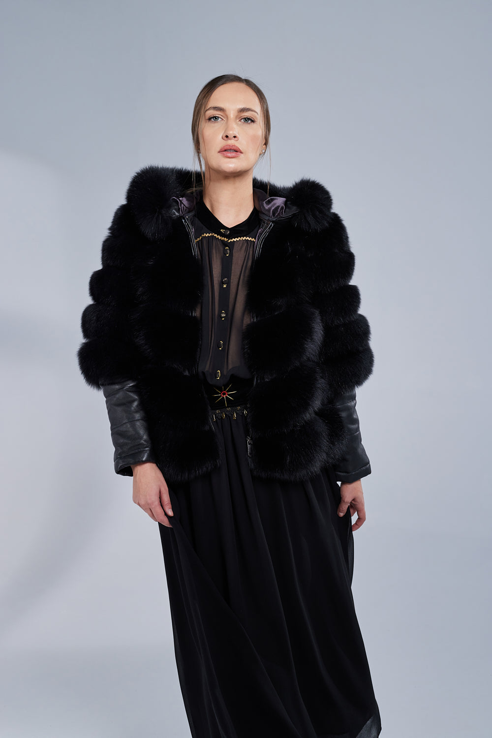 Natural Fox Fur Coat, with Hood and Leather Sleeves, Obsidian 251