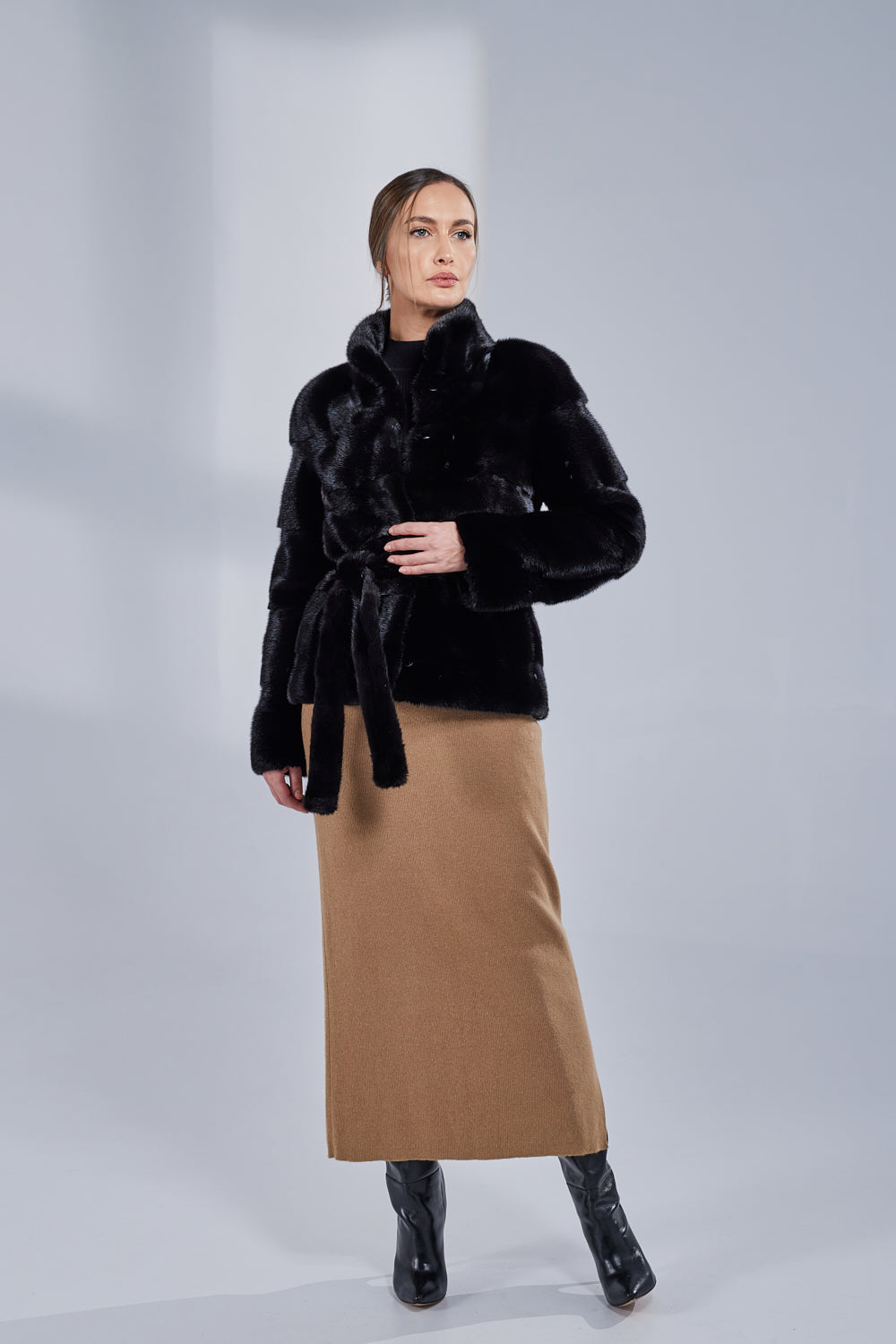 Natural Mink Fur Coat, with Drawstring, Women, Obsidian 191