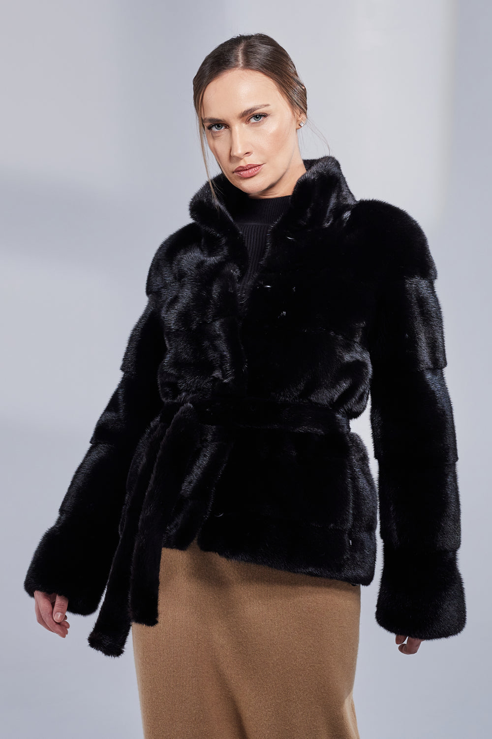 Natural Mink Fur Coat, with Drawstring, Women, Obsidian 191