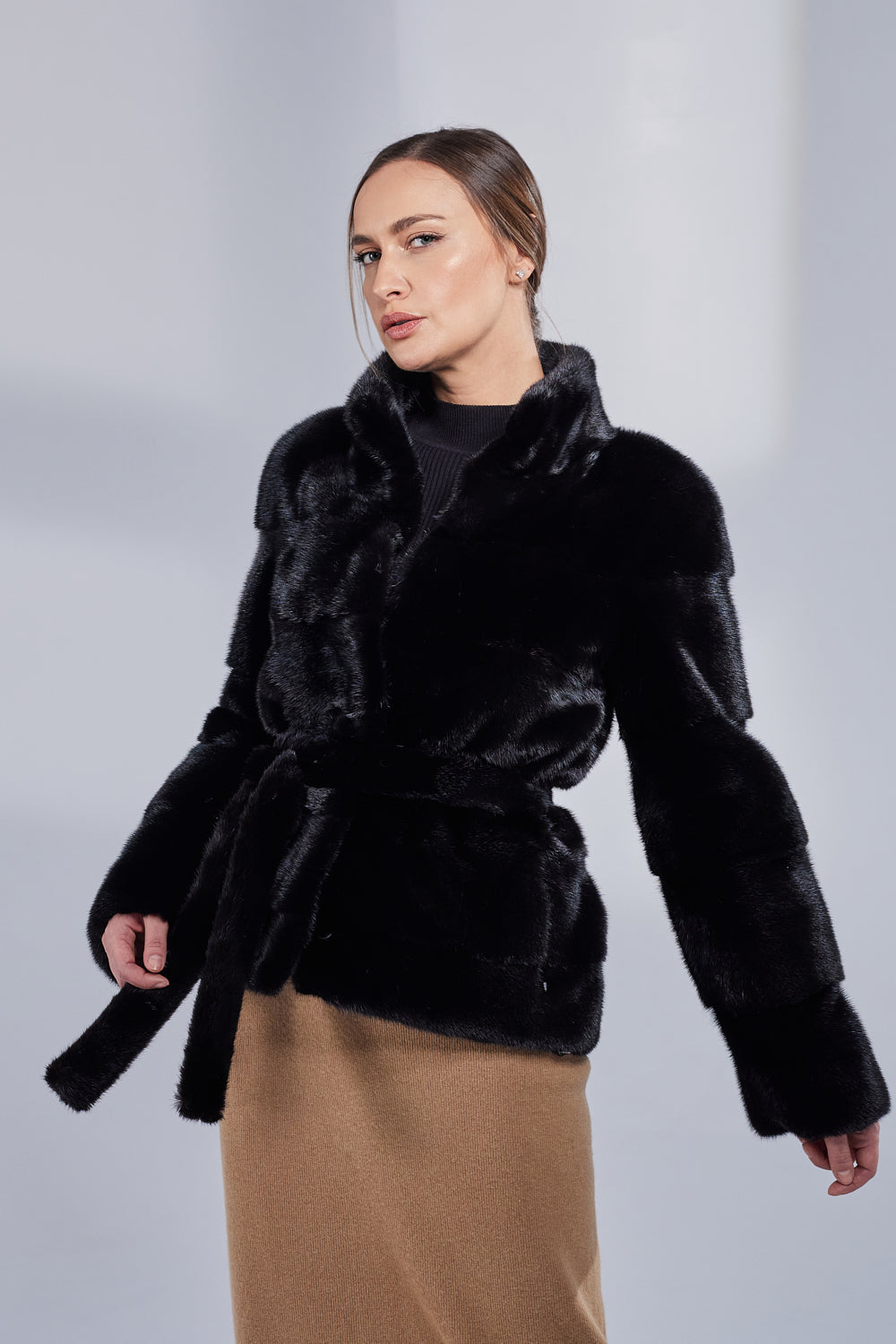 Natural Mink Fur Coat, with Drawstring, Women, Obsidian 191