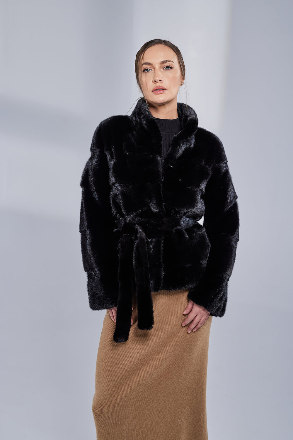 Natural Mink Fur Coat, with Drawstring, Women, Obsidian 191