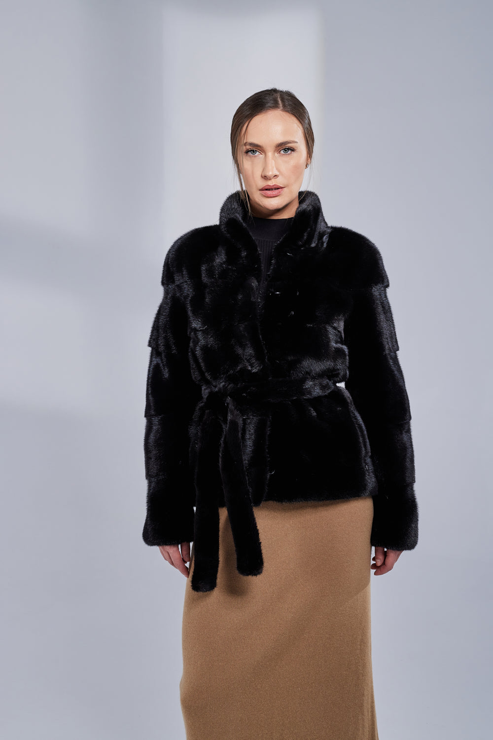 Natural Mink Fur Coat, with Drawstring, Women, Obsidian 191