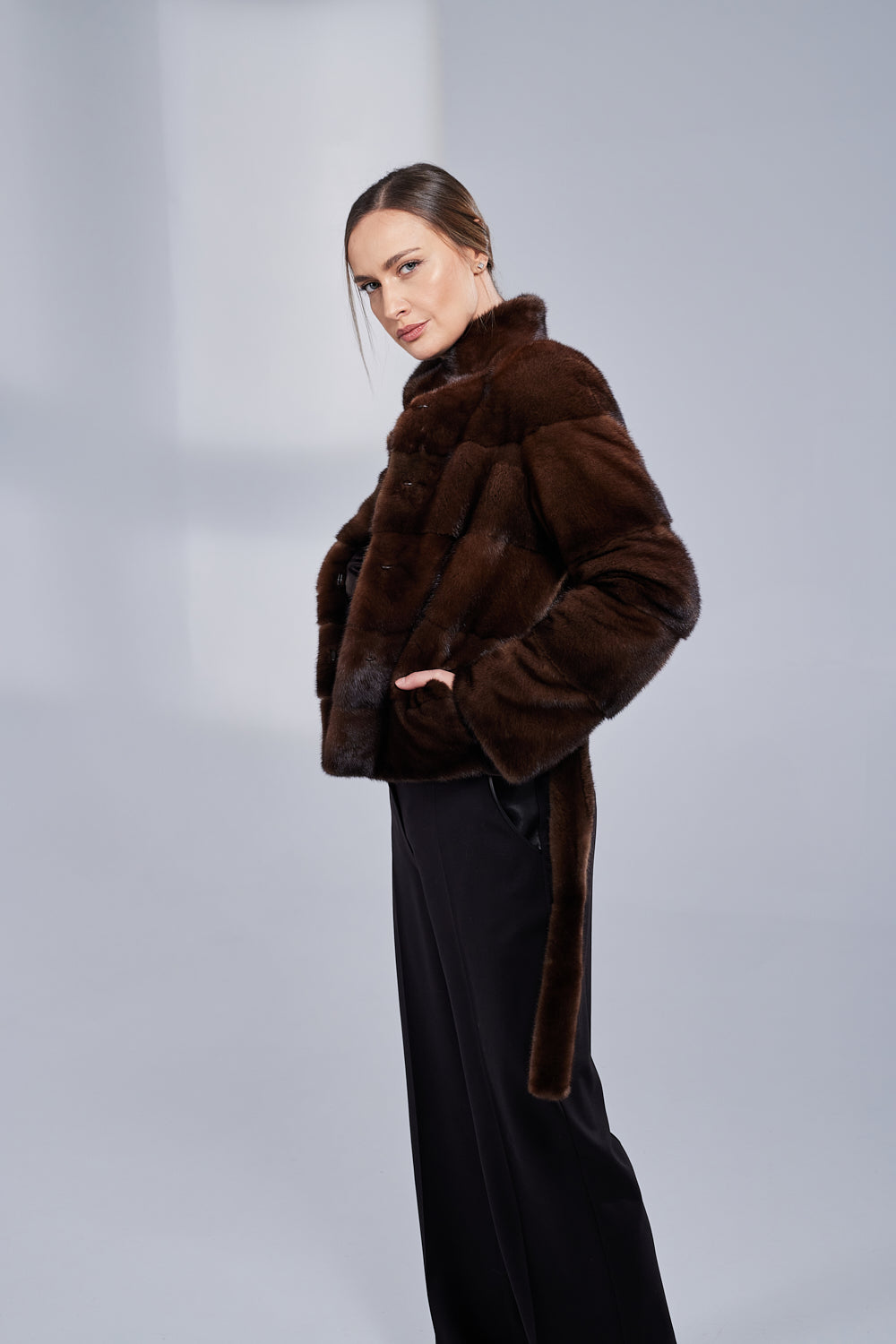 Natural Mink Fur Coat, with Cord, Women, Chocolate 189